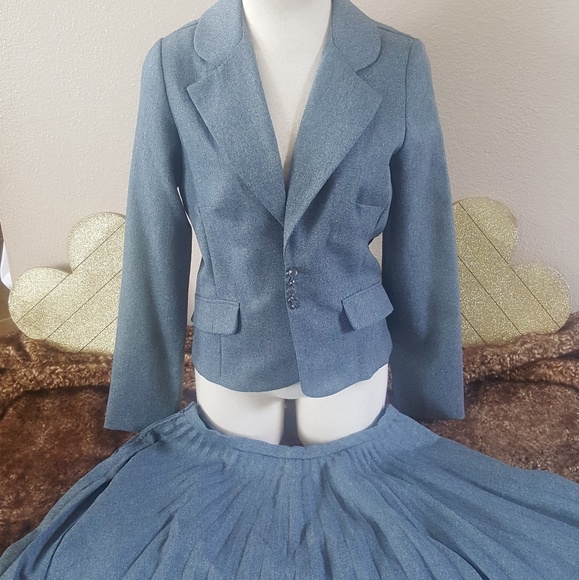 2 piece Gray / Blue Suit (Jacket & Skirt) - Picture 1 of 3